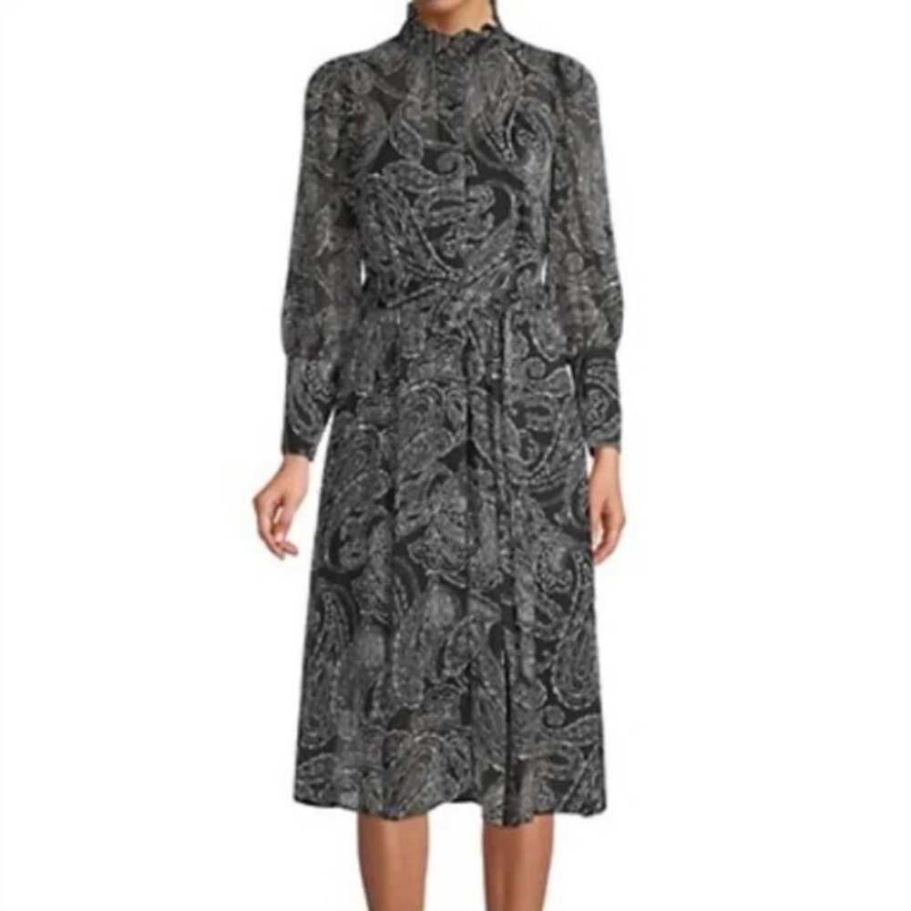 Calvin Klein maxi dress black size 14 ruffled‎ neck Gold Button